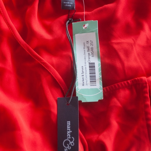 NWT Market & Spruce Red Orange Jaimy Cold Shoulder Embroidered Blouse - Picture 5 of 9